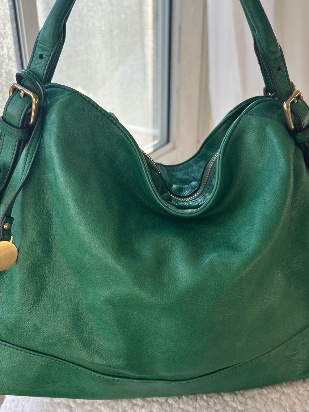 Deep Green Leather Shoulder Bag with Gold-Tone Accents